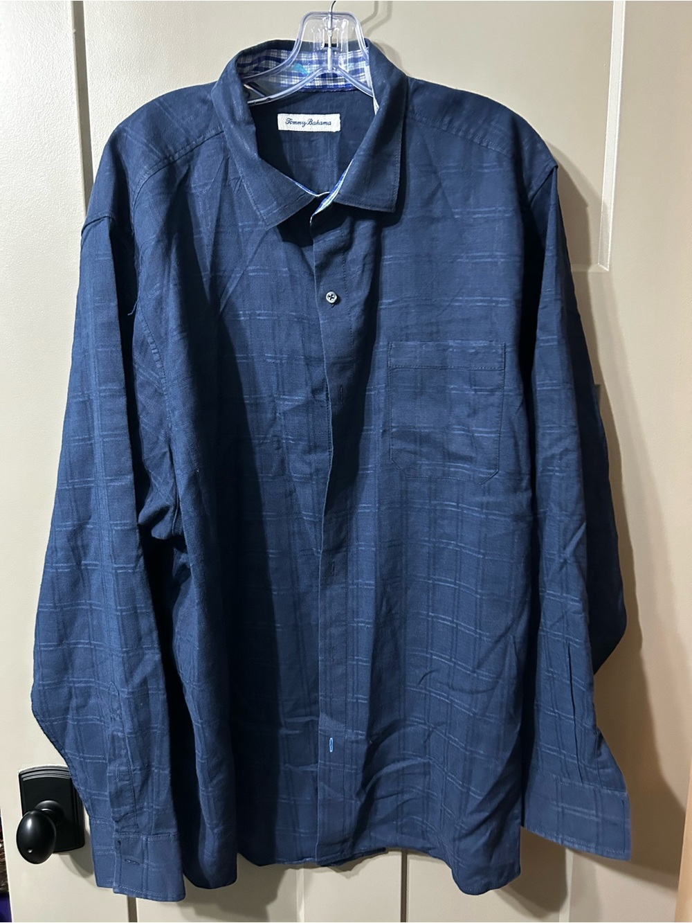 Tommy Bahama Navy Blue Subtle Plaid Button-Down Shirt linen blend